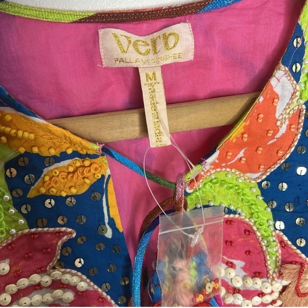 Anthropologie Verb Pallavi Singhee Floral Striped Beaded Boho Babydoll Blouse - Picture 5 of 11
